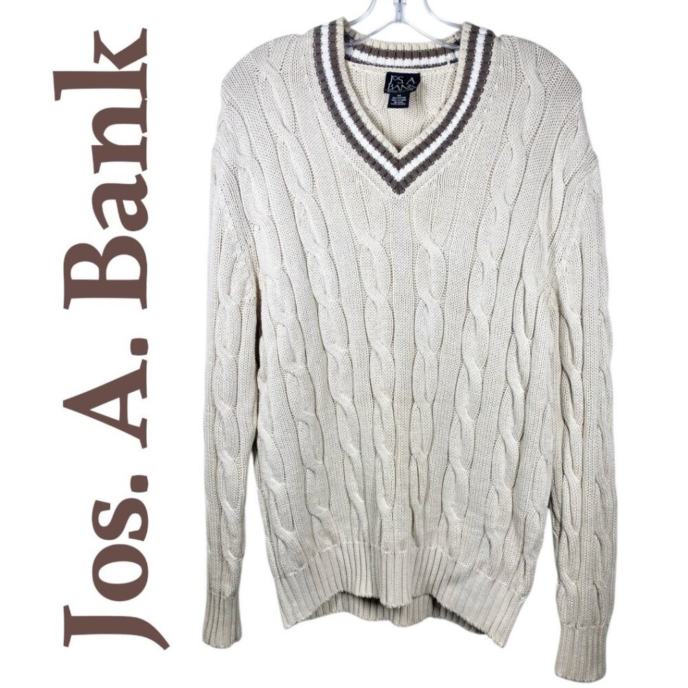 JOS A. BANK‎ MEN’S VARSITY V-NECK SWEATER BEIGE  PREPPY RESORT TENNIS COTTON MED
